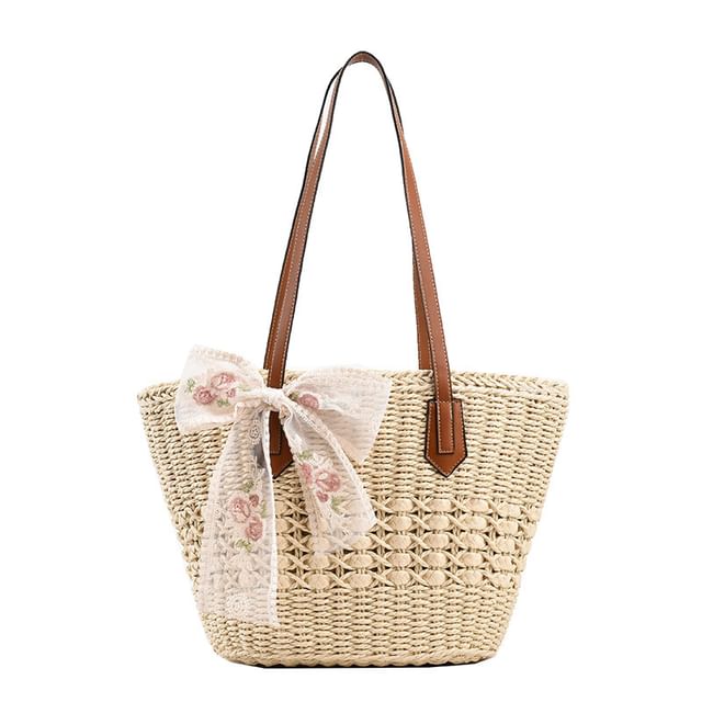 Sample Floral Embroidered Lace Bow Woven Tote Bag