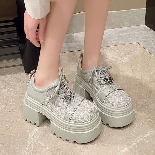 Faux Leather Panel Lace-Up Platform Tweed Shoes Brogue