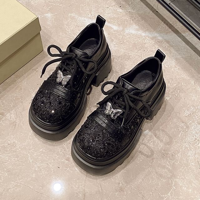 Faux Leather Panel Lace-Up Platform Tweed Shoes Brogue