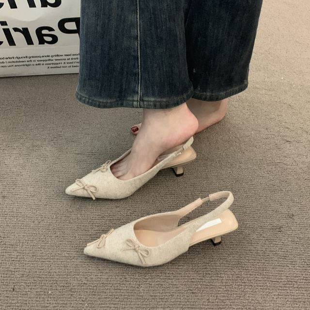 Pointy Bow Kitten Heel Slingback Sandals