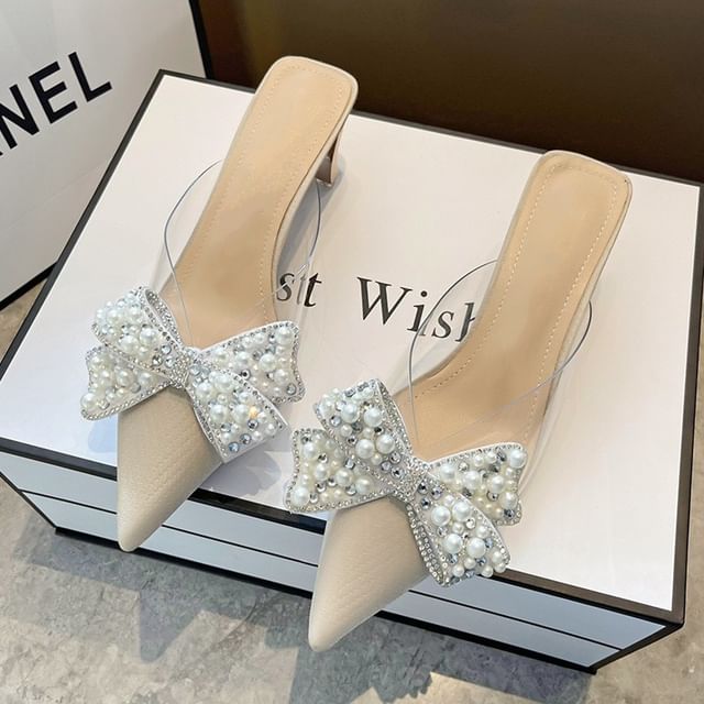 Spool Heel Beaded Bow Transparent Sandals