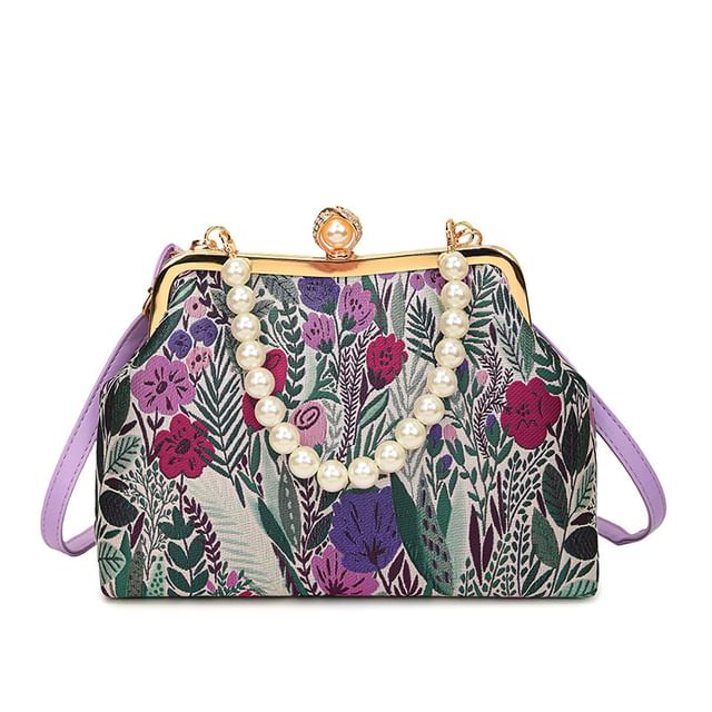 Sample Faux Pearl Strap Floral Jacquard Crossbody Bag