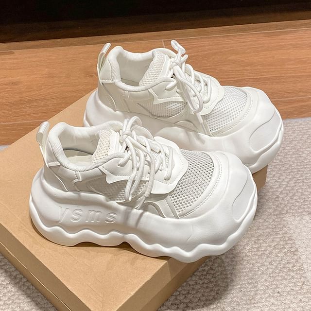 Lace-Up Platform Panel Sneakers Leather Faux Mesh