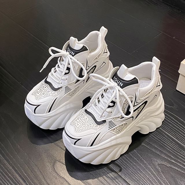 Sneakers Hidden Rhinestone Wedge Faux Leather Lace-Up