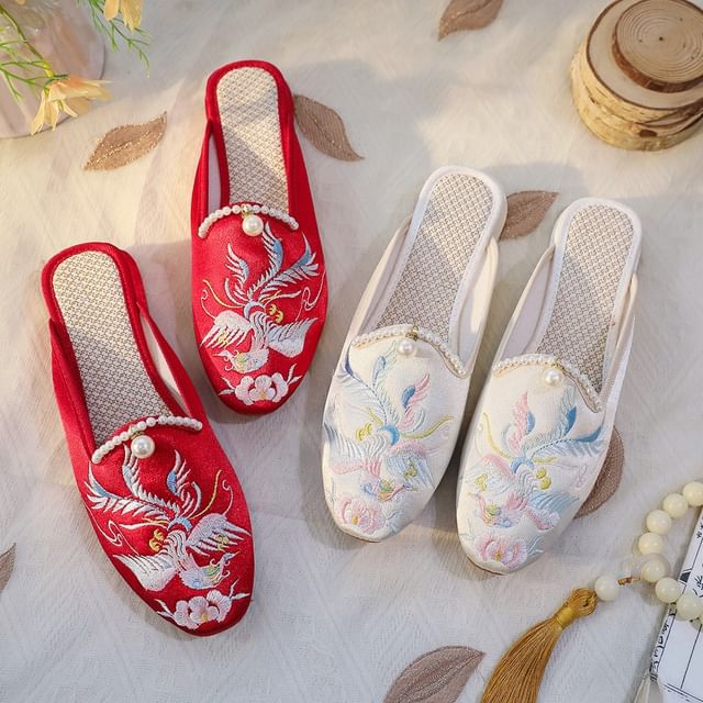 Faux Mules Pearl Embroidered