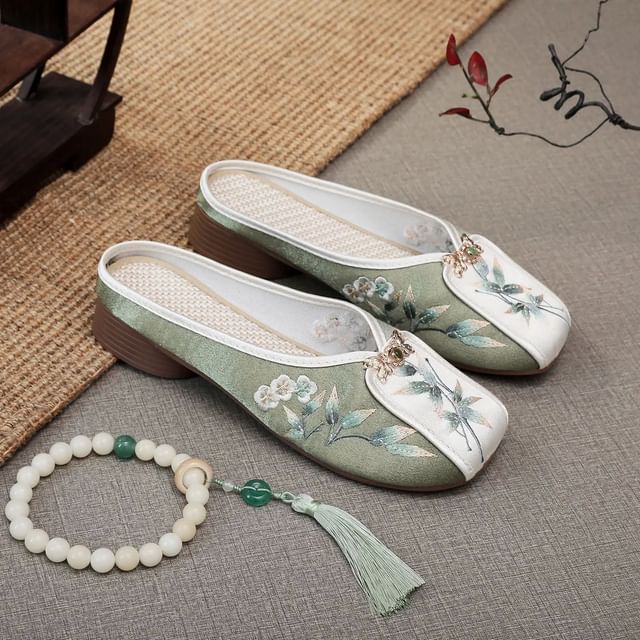Embroidered Floral Panel Mules