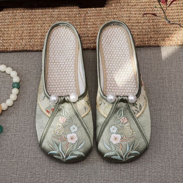 Pearl Floral Faux Mules Embroidered