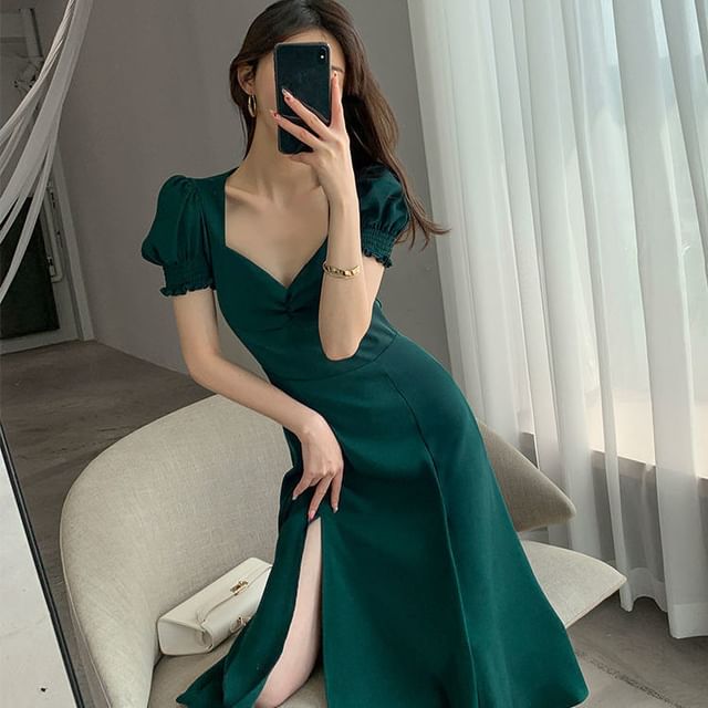Midi Neck Puff Plain Sleeve Slit Sweetheart A-Line Dress
