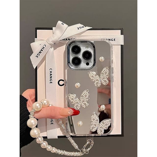 Faux Strap Pearl Butterfly Case / Set Mirrored Phone