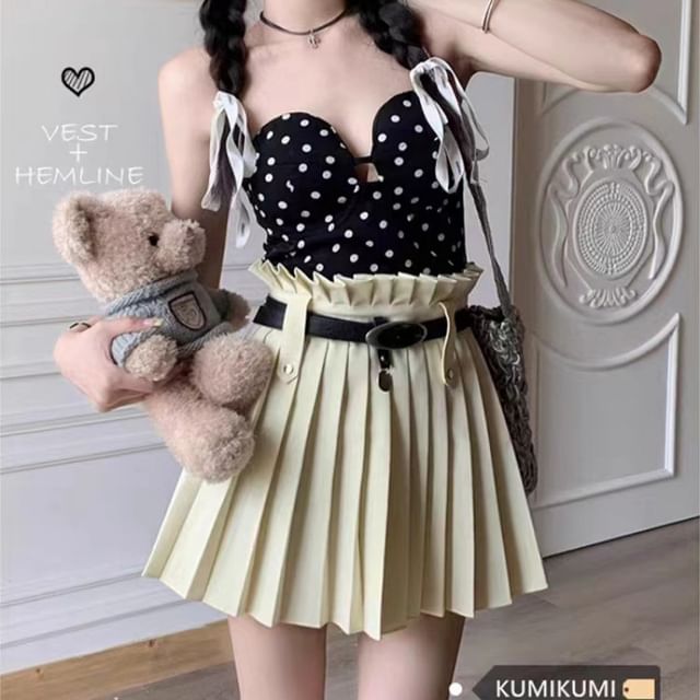 Skirt A-Line Pleated Mini Rise Belted Plain High
