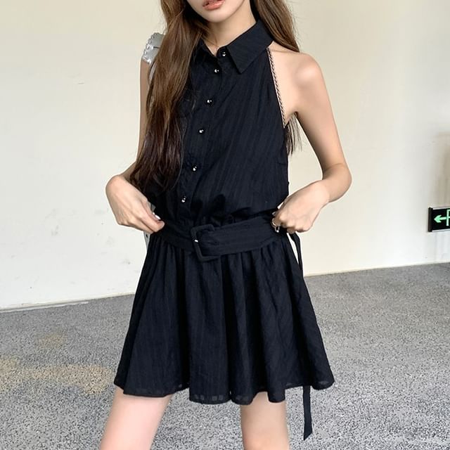Sleeveless Striped Collared Belted Mini A-Line Dress