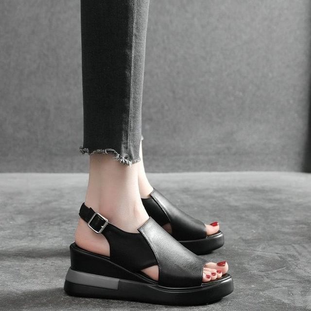 Sandals Plain Leather Wedge Heel Faux Slingback