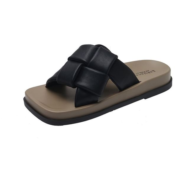Faux Platform Leather Square Woven Toe Sandals