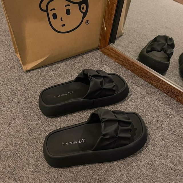 Sandals Leather Faux Plain Ruched Slide Platform