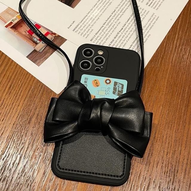 Bow Card Faux Lanyard Leather Case Holder Phone with