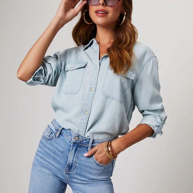 Long V-Neck Shirt Loose-Fit Denim Sleeve