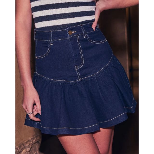Mini Sleeve Long A-Line Denim Zip-Up Skirt / Jacket High Washed Waist Cropped