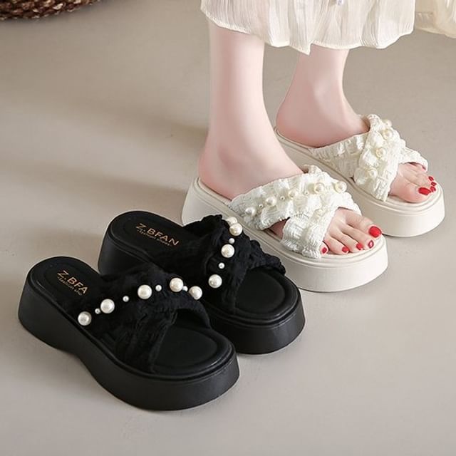 Slide Faux Platform Criss Sandals Cross Pearl
