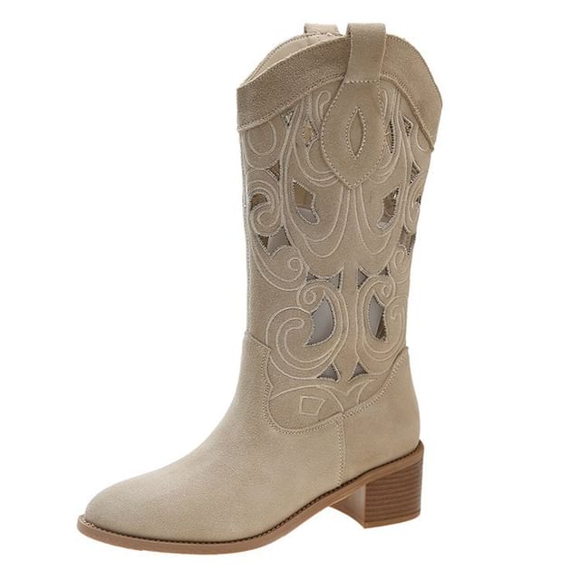 Chunky Heel Boots Cutout Embroidered Mid-Calf