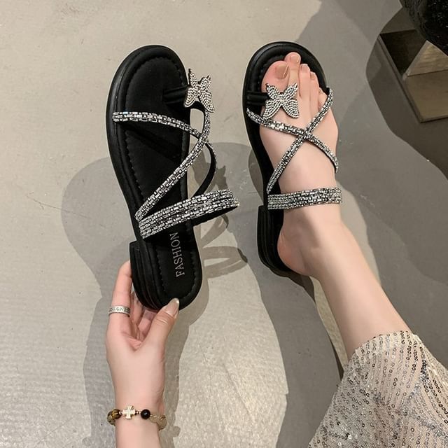 Slide Toe Sandals Criss Cross Butterfly Loop Rhinestone