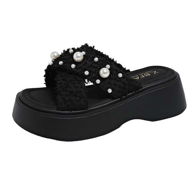 Criss Slide Platform Sandals Pearl Cross Faux