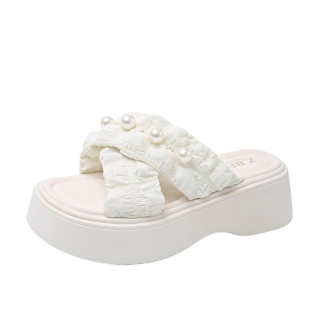 Slide Faux Platform Criss Sandals Cross Pearl