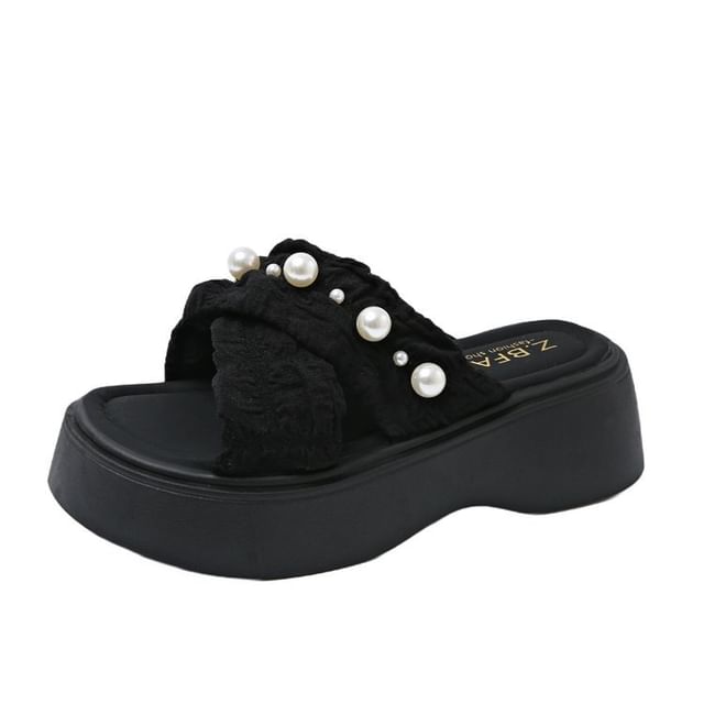 Slide Faux Platform Criss Sandals Cross Pearl