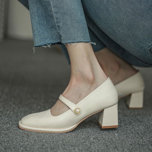 Square Toe Faux Pearl Chunky Heel Mary Jane Pumps