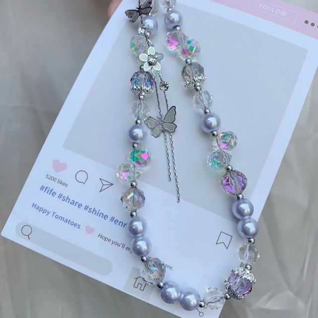 with Wrist Butterfly Lanyard Strap Pad Faux Phone Pearl