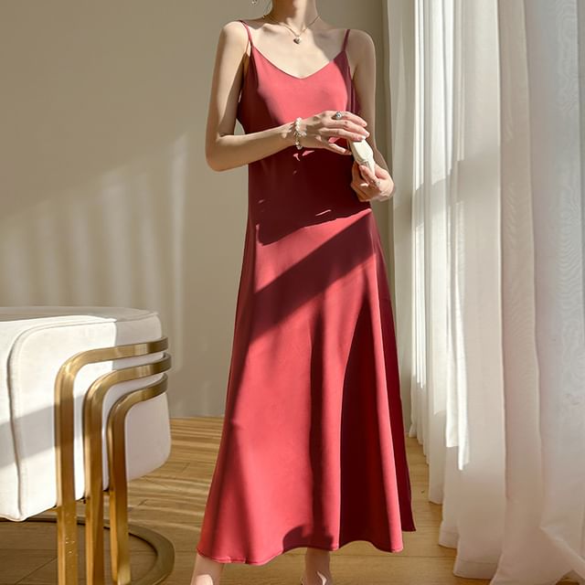 V-Neck Satin Spaghetti Midi A-Line Plain Dress Strap
