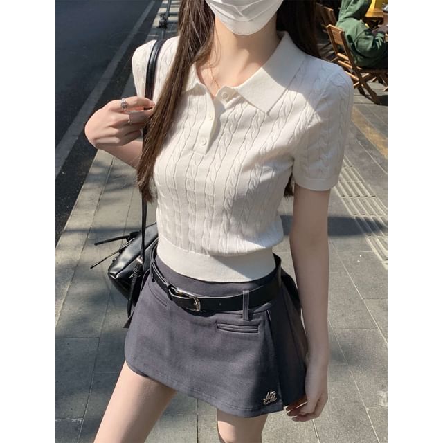Crop Polo Knit Shirt Cable Short-Sleeve Plain