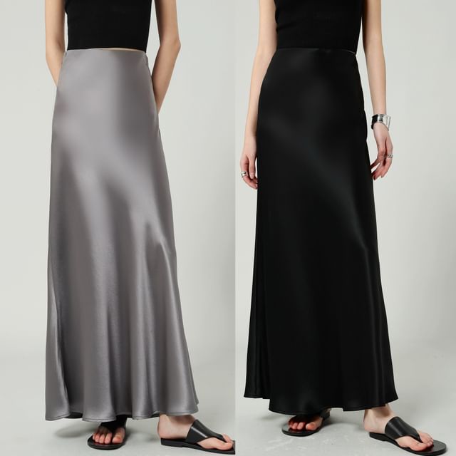 Maxi Plain A-Line Satin High Waist Skirt