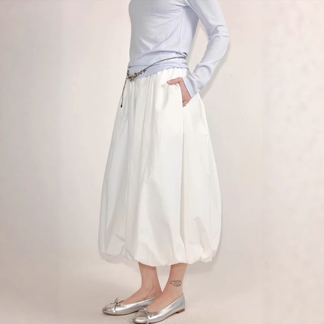 Plain Elastic Midi Skirt Paperbag Waist