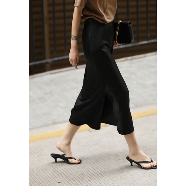 Plain Pencil Midi Satin Rise Slit Skirt High