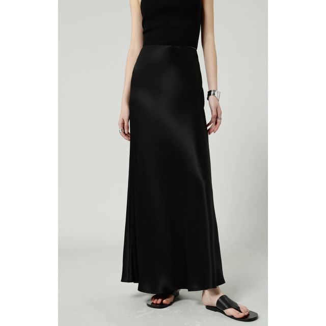 Maxi Plain A-Line Satin High Waist Skirt