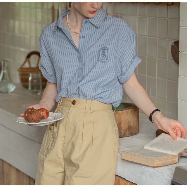 Collared Striped Embroidered Button-Up Blouse Elbow-Sleeve