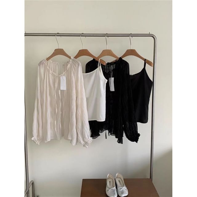 Skirt Plain Sheer Front Blouse H-Line Midi Long-Sleeve High Tie Set Cami V-Neck / Sequin Rise Top