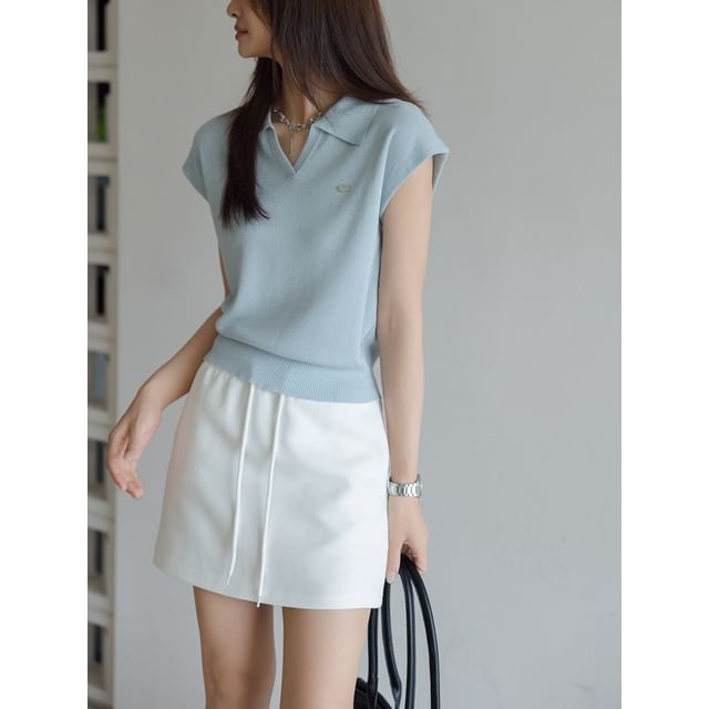 Collared Top Plain Cap-Sleeve V-Neck Crop Knit