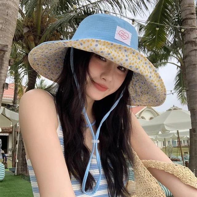 Print Hat Floral Sun Applique Heart