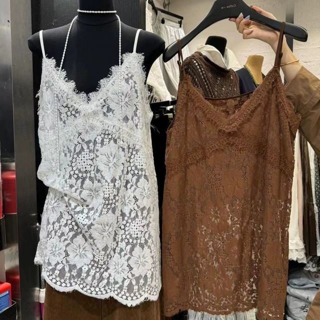 V-Neck Cami Strap Spaghetti Plain Lace Top