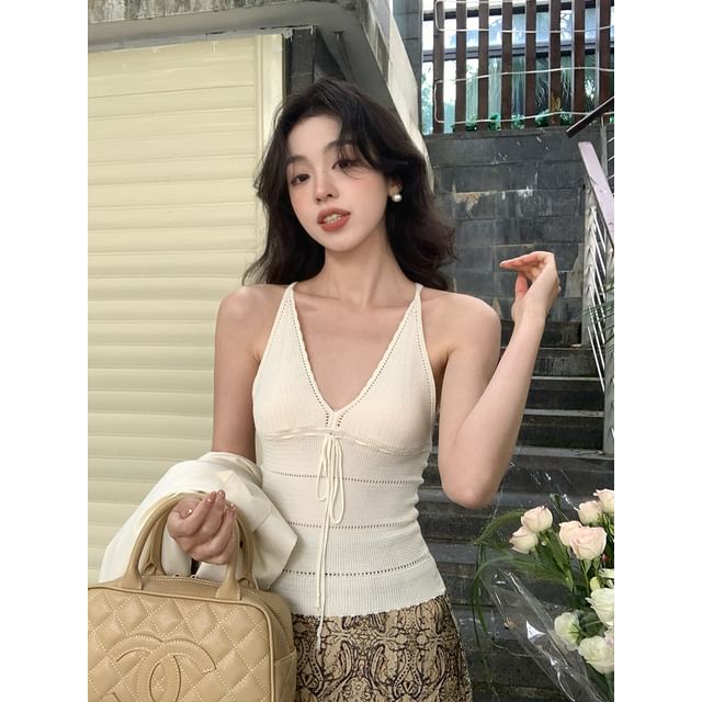Strap Neck Spaghetti Tie Camisole Plain Top V-Neck