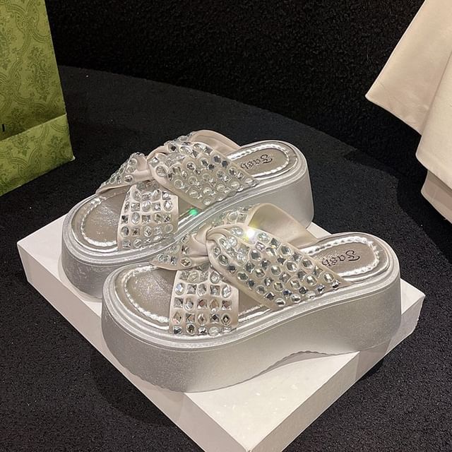 Rhinestone Cross Strap Platform Sandals