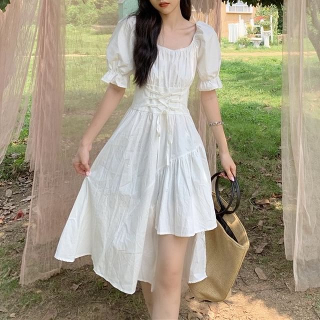 Asymmetrical Short-Sleeve Dress Neck Square Plain A-Line