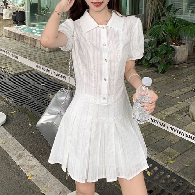 Mini Pleated Shirt Dress Short-Sleeve Plain