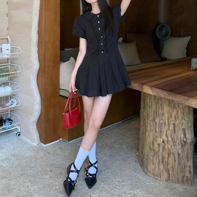 Mini Pleated Shirt Dress Short-Sleeve Plain