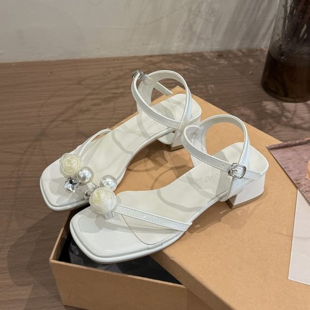 Block Sandals Flower Pearl Heel Faux