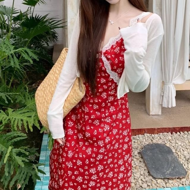 Print Maxi Sleeveless Cardigan Dress Floral / V-Neck A-Line