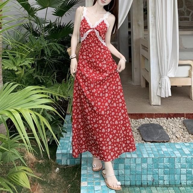 Print Maxi Sleeveless Cardigan Dress Floral / V-Neck A-Line