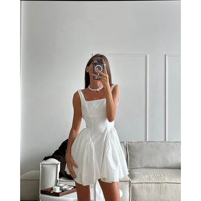 Back Plain Mini Tie Dress Square A-Line Neck Open Sleeveless Waist