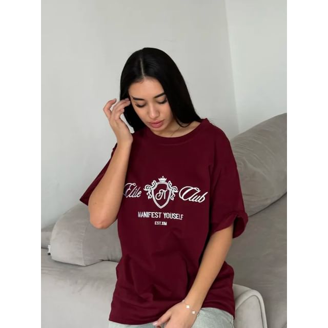 Neck Elbow-Sleeve Lettering Crew Embroidered Tee